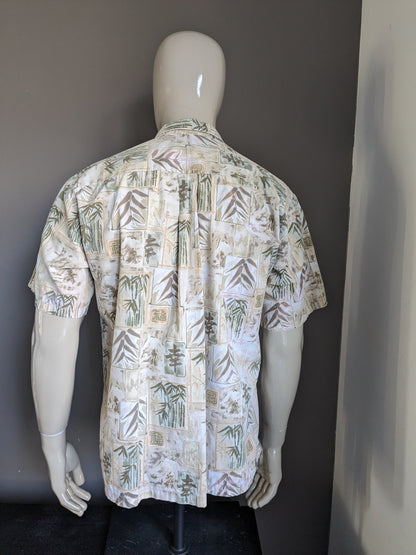 Cooke Street Honolulu Hawaii overhemd korte mouw. Groen Beige print. Maat XXL / 2XL.