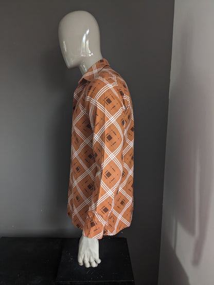 Vintage Sohaj 70's overhemd. Oranje Wit Bruine print. Maat L.