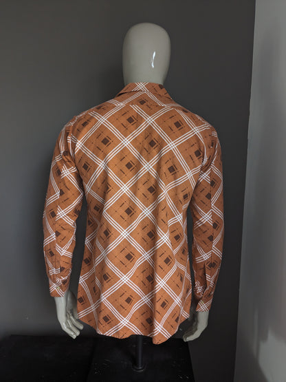 Vintage Sohaj 70's overhemd. Oranje Wit Bruine print. Maat L.