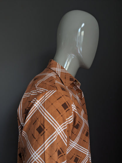 Vintage Sohaj 70's overhemd. Oranje Wit Bruine print. Maat L.