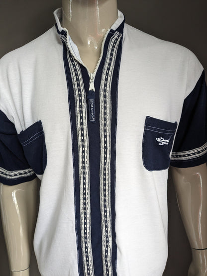 Polo vintage Sun City avec fermeture éclair. Couleur blanc bleu. Taille xl.