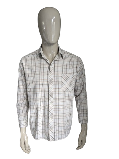 Camicia vintage senza marca. Beige Brown controllato con punti colorati. Taglia L.