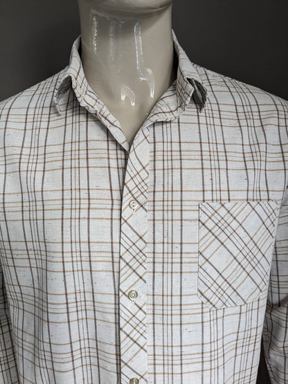 Camicia vintage senza marca. Beige Brown controllato con punti colorati. Taglia L.