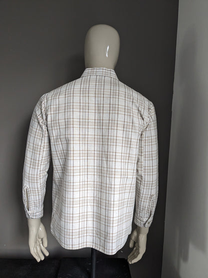 Camicia vintage senza marca. Beige Brown controllato con punti colorati. Taglia L.