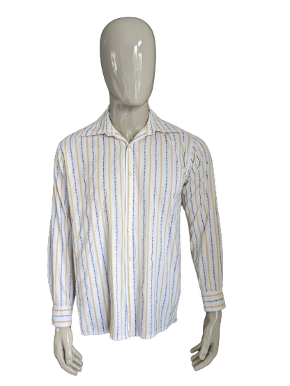 Camisa de los 70 vintage con cuello puntual. Amarillo marrón blanco rayado. Talla L.