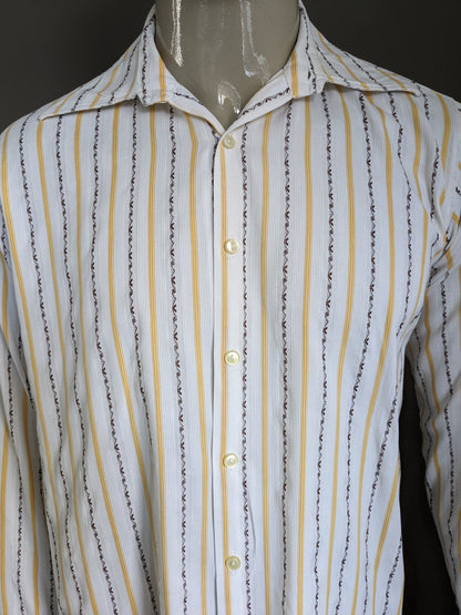 Camisa de los 70 vintage con cuello puntual. Amarillo marrón blanco rayado. Talla L.