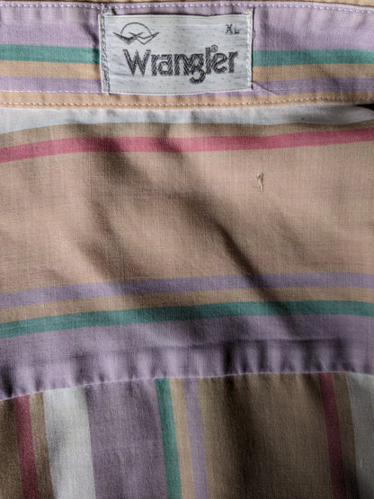 Vintage Wrangler overhemd. Roze Paars Groen Oranje gestreept. Maat XL.