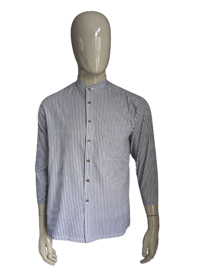 Vintage Kings Pride Shirt con mao / agricultores / cuello de pie. Blanco azul rayado. Talla L.