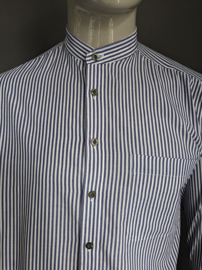 Vintage Kings Pride Shirt con mao / agricultores / cuello de pie. Blanco azul rayado. Talla L.