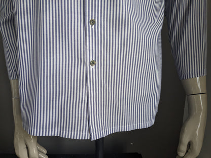 Vintage Kings Pride Shirt con mao / agricultores / cuello de pie. Blanco azul rayado. Talla L.