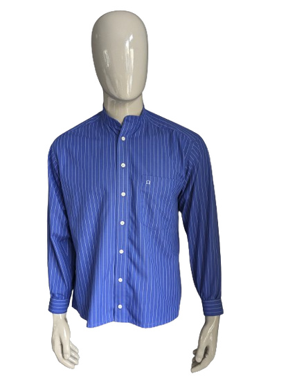 Vintage Olymp Luxor shirt with Mao / Farmer / Standing Collar. Blue white striped. Size L.