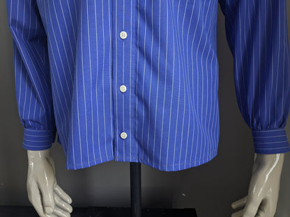 Vintage Olymp Luxor shirt with Mao / Farmer / Standing Collar. Blue white striped. Size L.