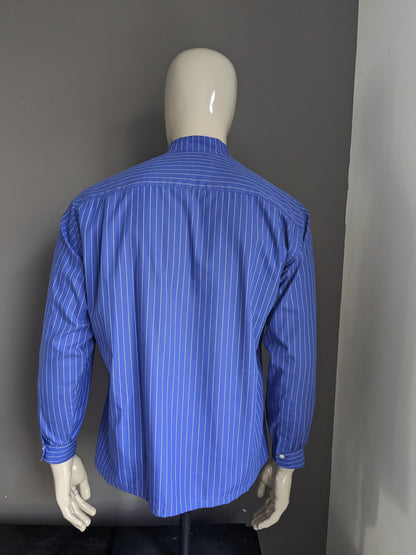 Vintage Olymp Luxor shirt with Mao / Farmer / Standing Collar. Blue white striped. Size L.