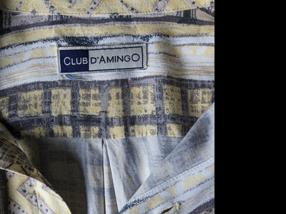 Vintage 80er - 90er Club Damingo Shirt Kurzarm. Gelber beige brauner Druck. Größe xl. Viskose.