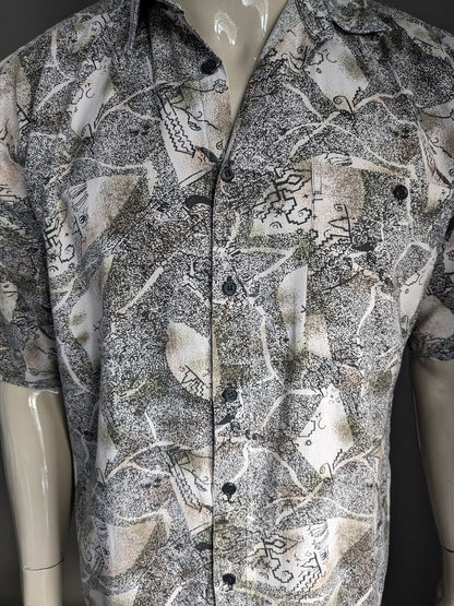 Vintage 80's-90's overhemd korte mouw. Zwart Beige print. Maat XL.