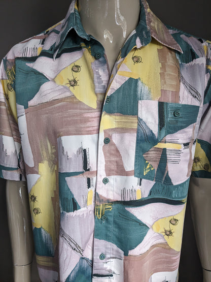 Vintage 80s-90s L'ArdoDo shirt short sleeve. Purple yellow green brown print. Size XL.