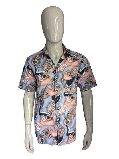 Vintage 80's-90's Men's Company overhemd korte mouw. Oranje Grijs Zwarte print. Maat M.