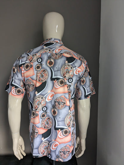 Vintage 80's-90's Men's Company overhemd korte mouw. Oranje Grijs Zwarte print. Maat M.