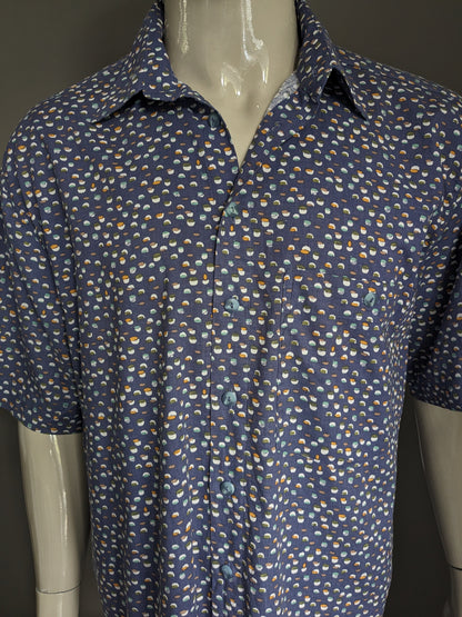 Dornbusch shirt short sleeve. Blue White Green Orange Print. Size 2XL / XXL.