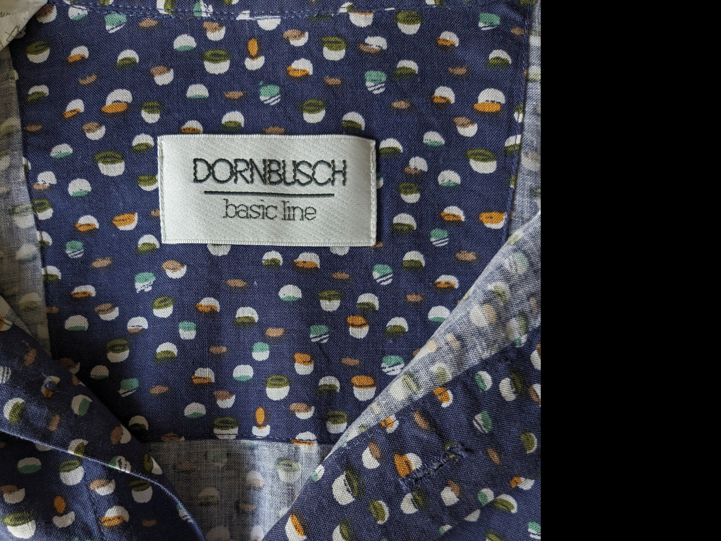 Dornbusch shirt short sleeve. Blue White Green Orange Print. Size 2XL / XXL.