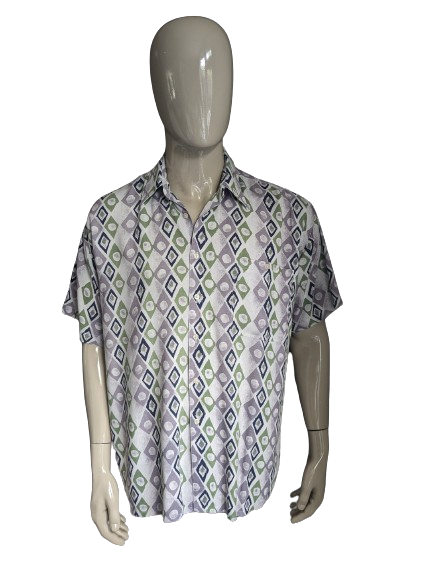 Vintage 80s - 90s J.T.S.L. Short sleeve shirt. Purple green blue print. Size XL.