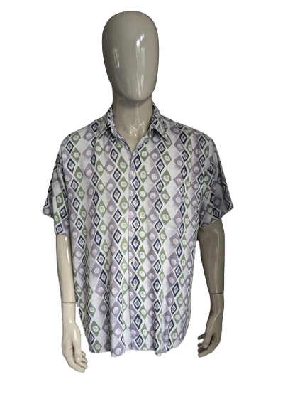 Vintage 80s - 90s J.T.S.L. Short sleeve shirt. Purple green blue print. Size XL.