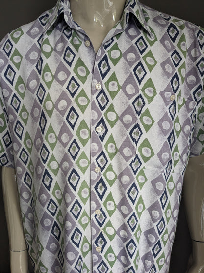 Vintage 80S - 90S J.T.S.L. Chemise à manches courtes. Impression bleu vert violet. Taille xl.