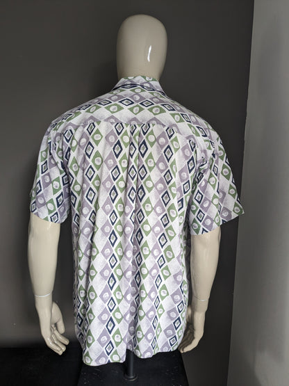 Vintage 80s - 90s J.T.S.L. Short sleeve shirt. Purple green blue print. Size XL.