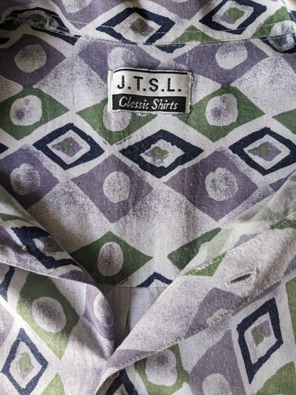 Vintage 80S - 90S J.T.S.L. Kurzarm-Shirt. Lila grünes blaues print. Größe xl.