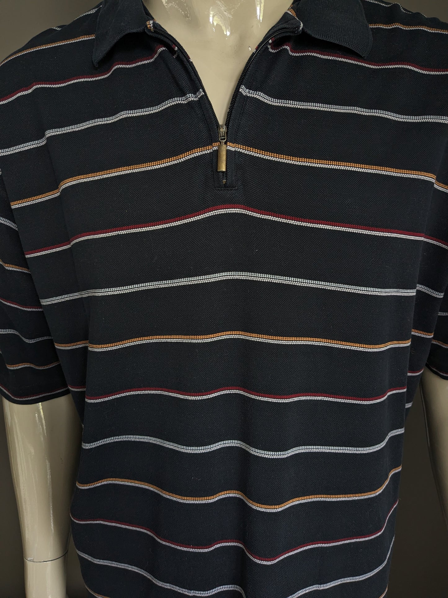 Vintage Authentic Polo with zipper. Blue white red orange striped. Size 2XL / XXL.