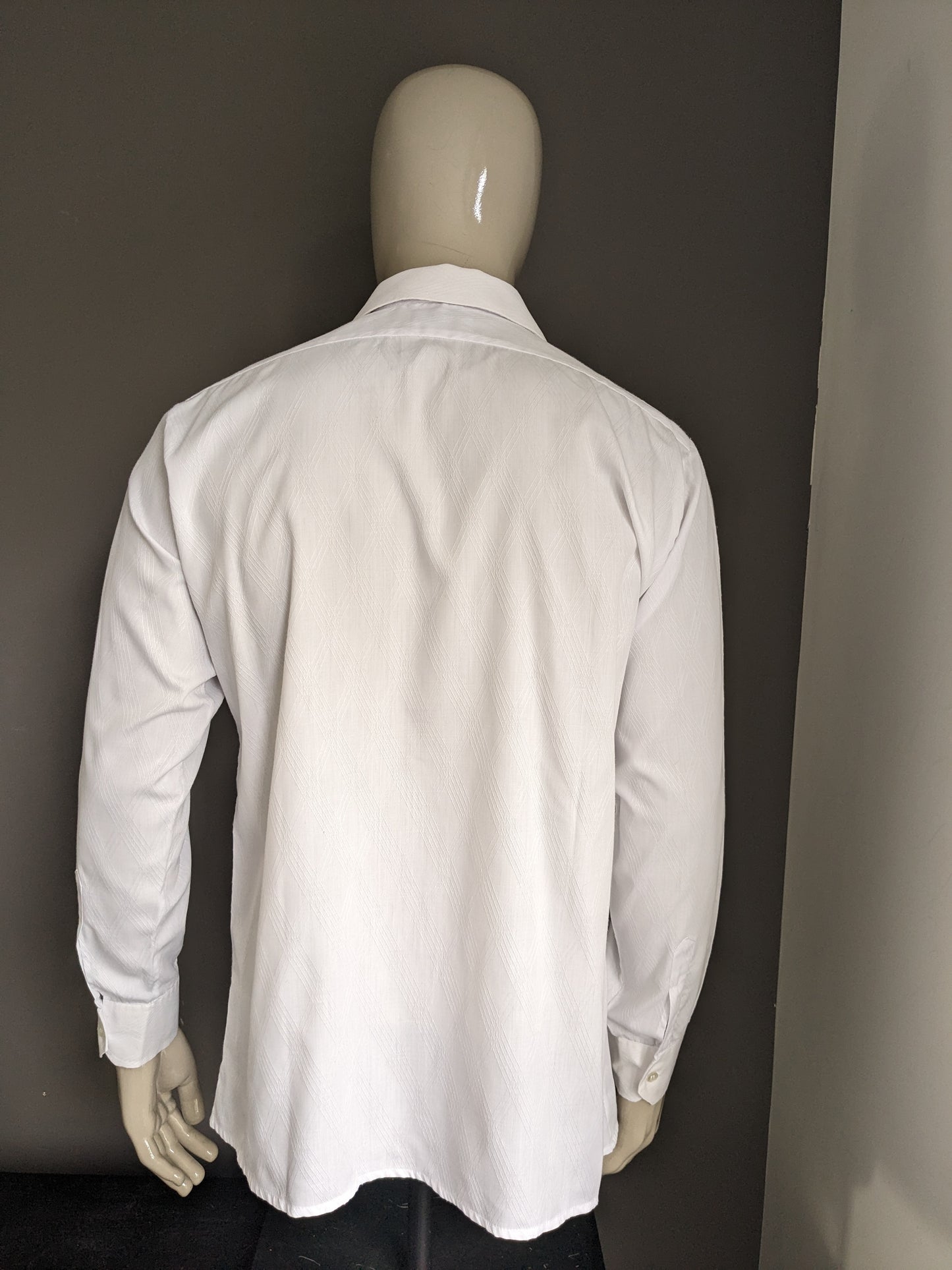 Vintage 70's Tricotex overhemd met puntkraag. Wit voelbaar motief. Maat XL.