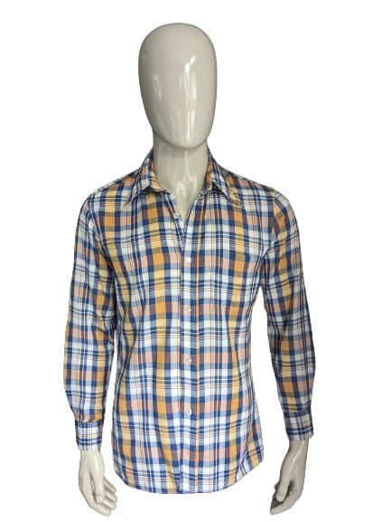 Camisa de los 70 vintage con cuello puntual. Amarillo azul blanco a cuadros. Talla L.