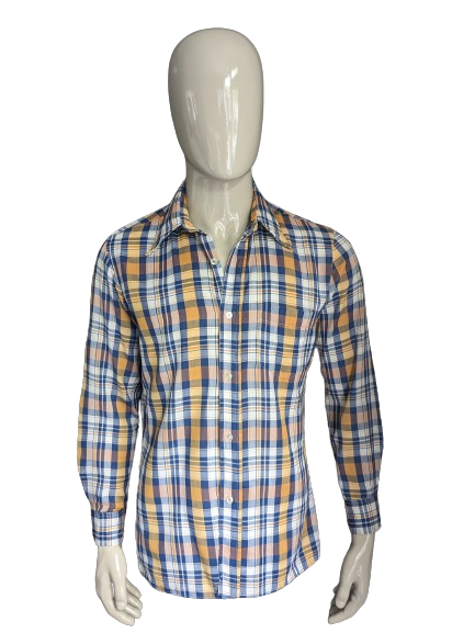 Vintage 70's shirt with point collar. Yellow blue white checkered. Size L.