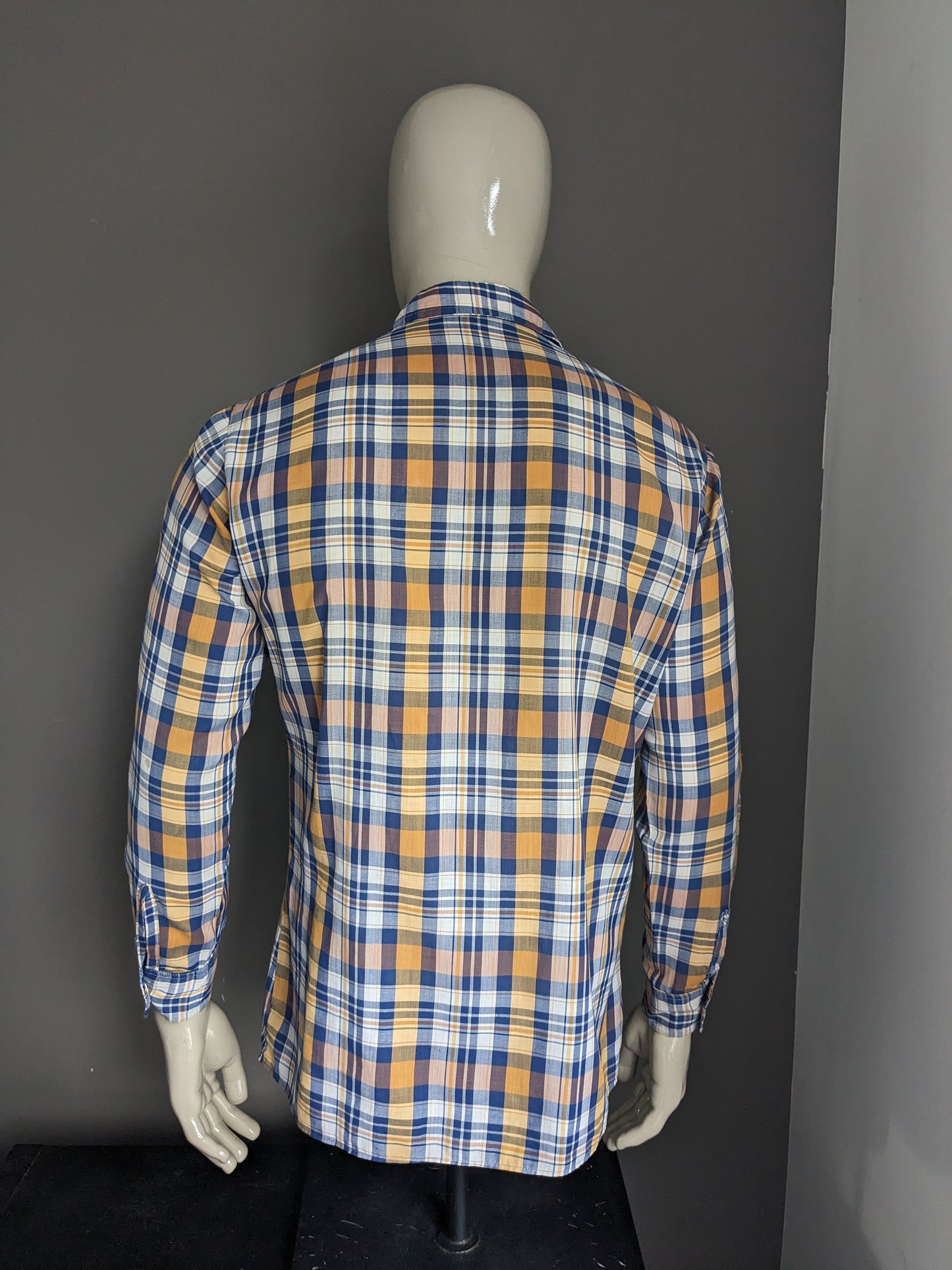 Chemise vintage des années 70 avec collier ponctuel. Vérification du blanc bleu jaune. Taille L.