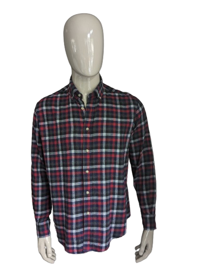 Authentic flannel shirt. Red black gray blue blocked. Size L / XL.