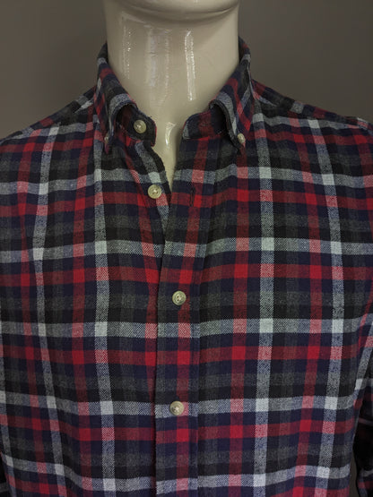 Authentic flannel shirt. Red black gray blue blocked. Size L / XL.