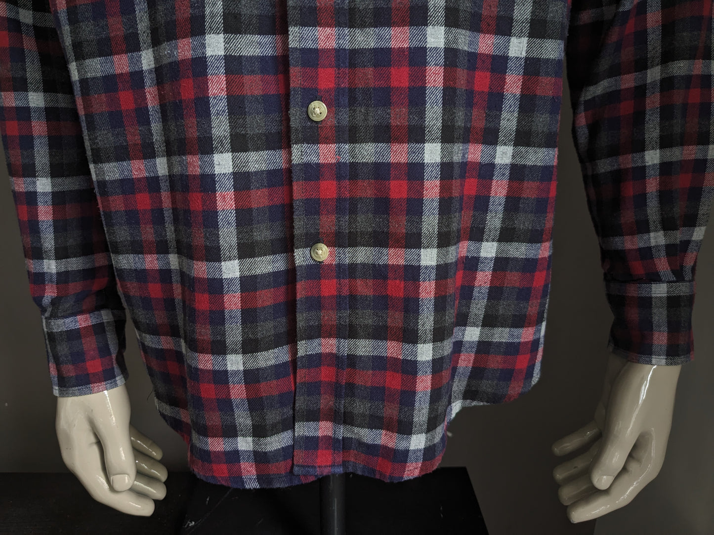 Chemise de flanelle authentique. Bleu gris noir rouge bloqué. Taille l / xl.