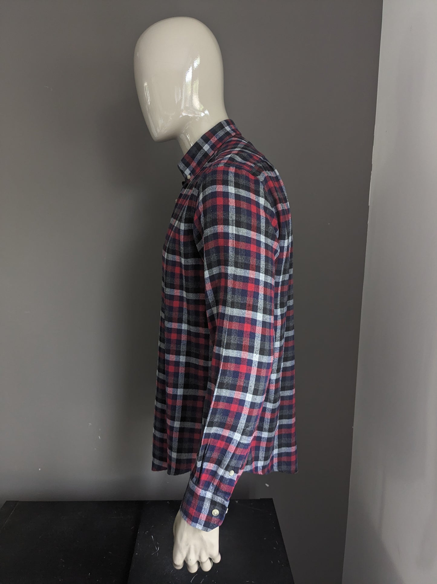 Autentica camicia di flanella. Blu blu grigio nero rosso bloccato. Taglia L / XL.