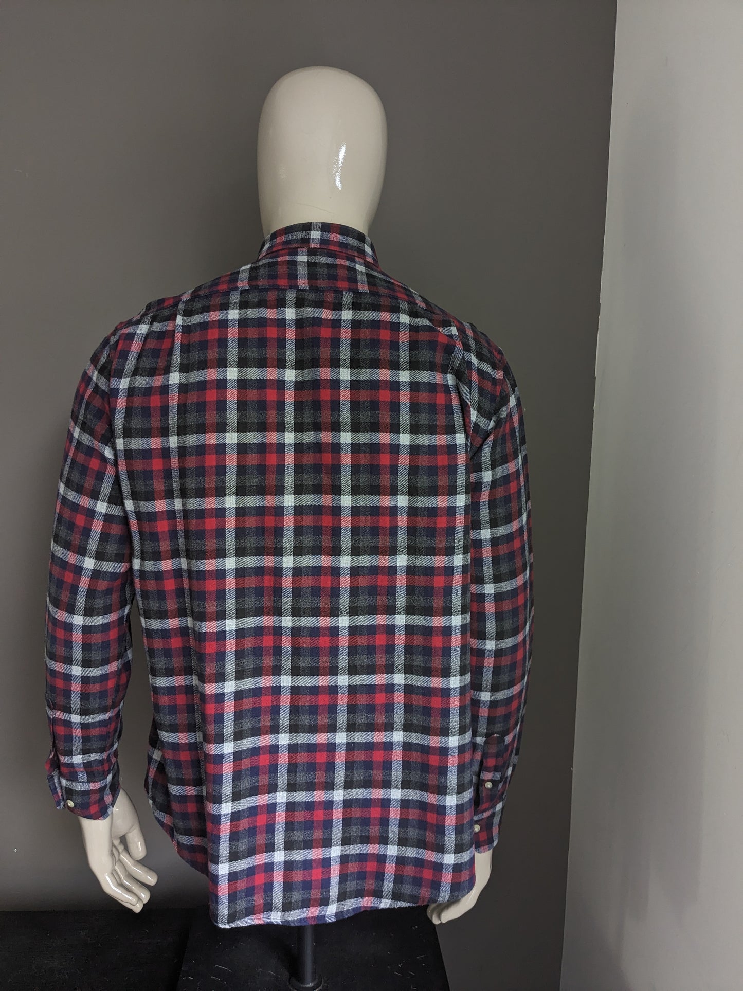 Authentic flannel shirt. Red black gray blue blocked. Size L / XL.