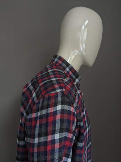 Autentica camicia di flanella. Blu blu grigio nero rosso bloccato. Taglia L / XL.