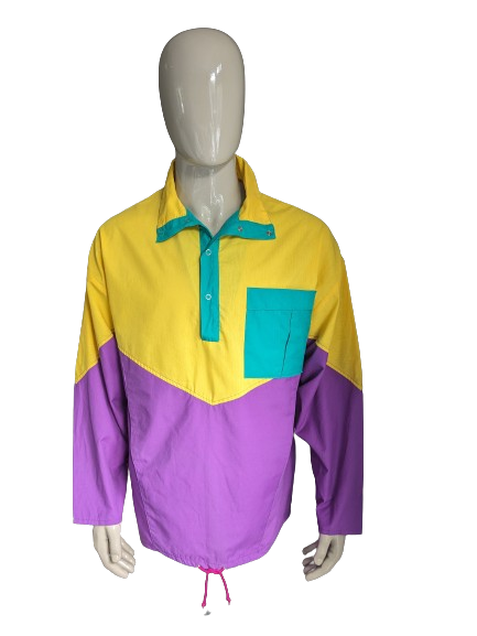 Vintage Funline Sport -Pullover mit Pressebergen. Gelbgrün lila gefärbt. Größe xl.