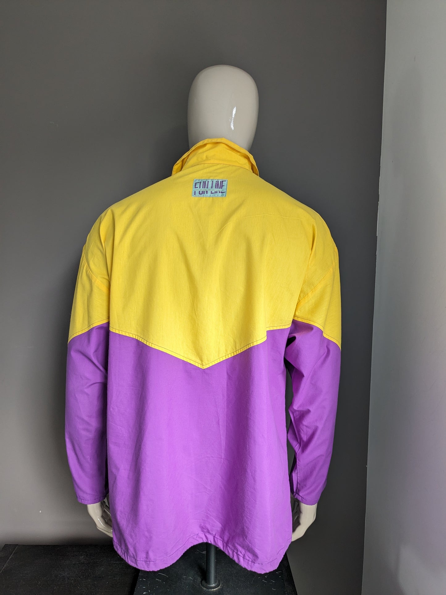 Vintage funline sport sweater with press studs. Yellow green purple colored. Size XL.