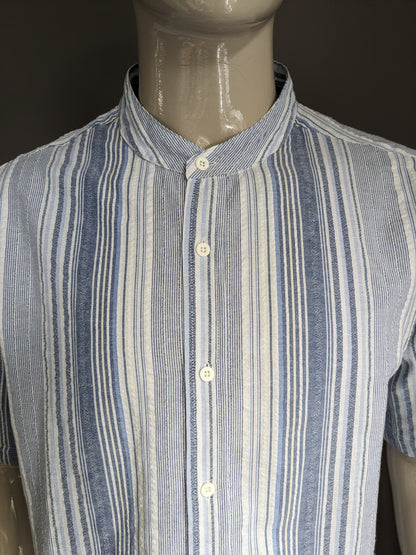 Atlas for Men Shirt short sleeve with mao / farmers / raised collar. Blue white striped. Size 3XL / 2XL.