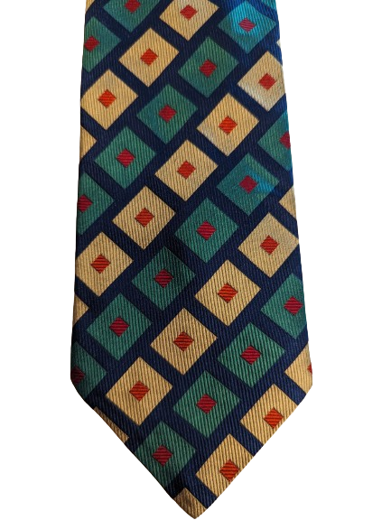 Vintage silk aquascutum designer tie. Green blue red motif.