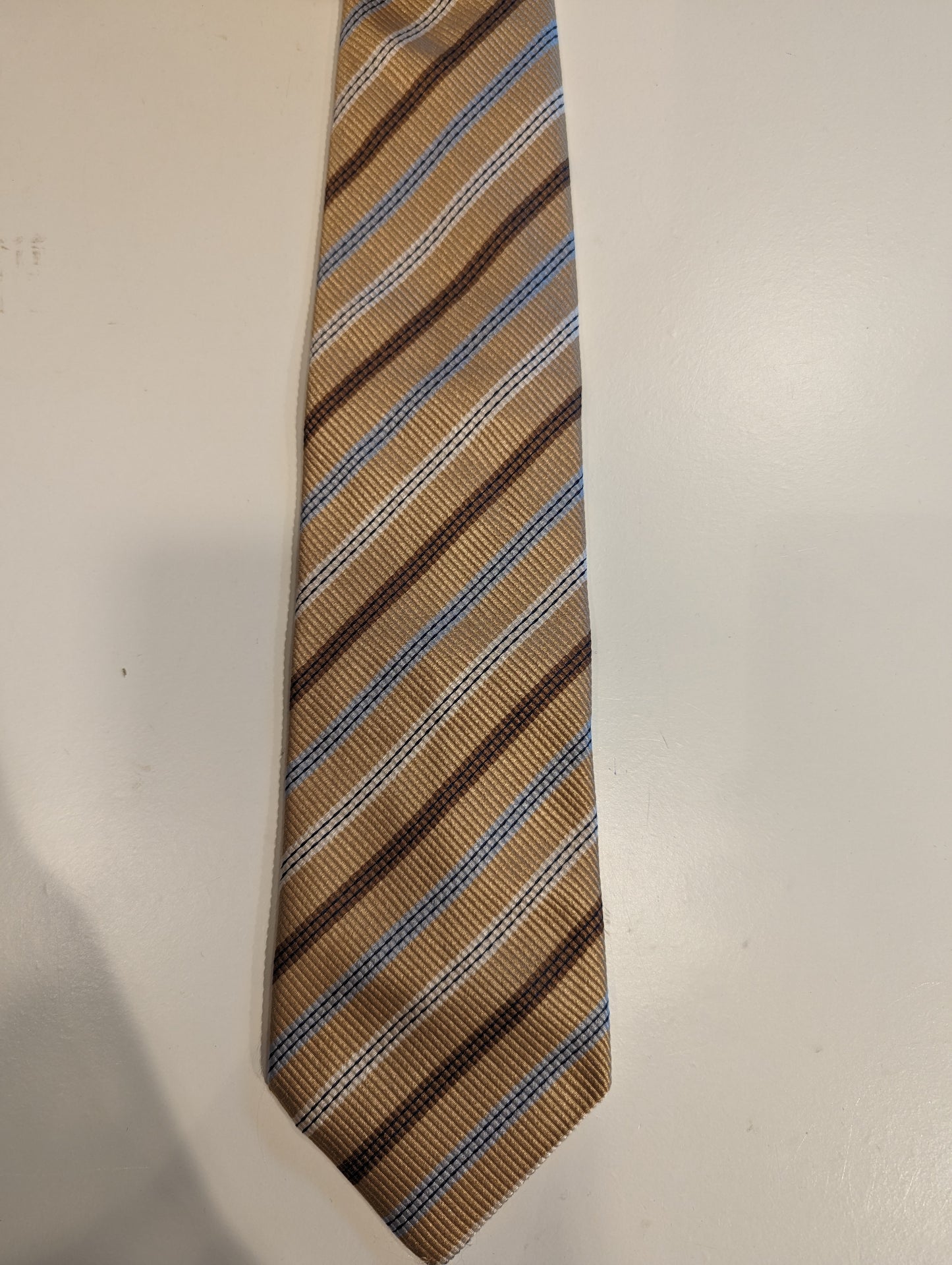 Prochownick silk designer tie. Gold brown light blue.