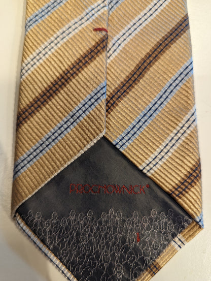 Prochownick silk designer tie. Gold brown light blue.