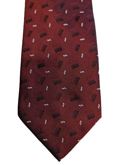 Vintage kai long hand made silk tie. Red black and white motif.