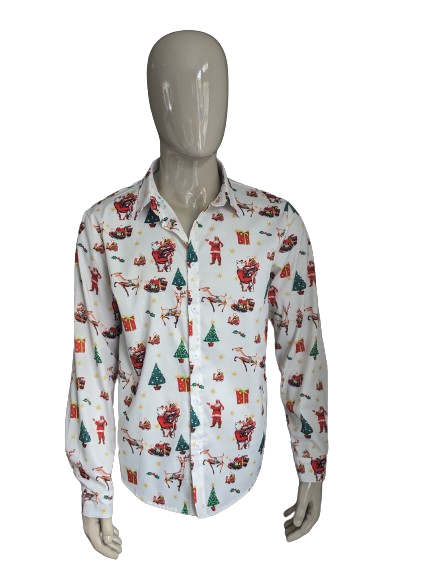 Camisa de estampado de Navidad sin marca / X-mas. Color verde rojo blanco de color verde. Talla L.