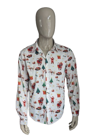 Camicia di stampa di Natale / X-Mas senza marca. Verde giallo rosso bianco colorato. Taglia L.