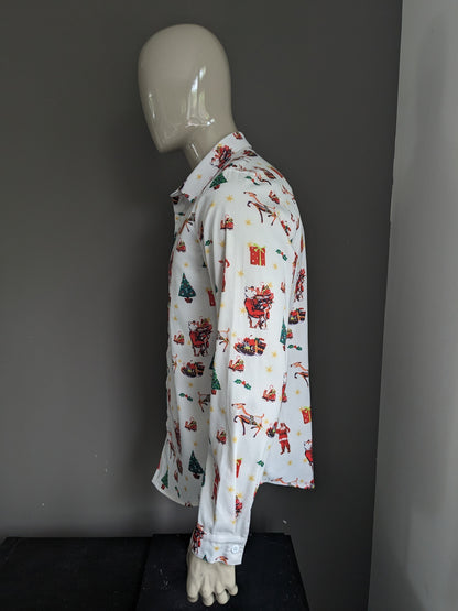 Brandless Christmas / X-mas print shirt. White red yellow green colored. Size L.